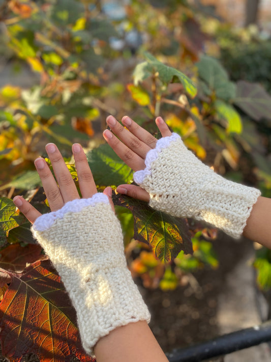 Beige & White Fingerless Cotton Crochet Gloves - Handmade