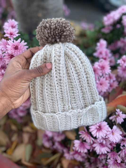 Beige Crochet Beanie – Fuzzy Pom Accent