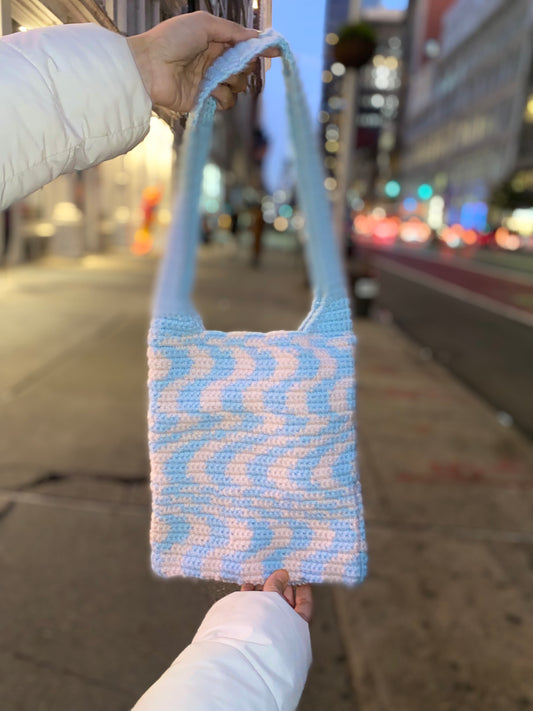 Handmade Crochet Hand Bag – Blue & Beige Wave Pattern