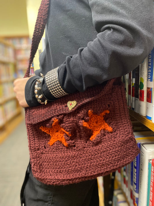 Handmade Burgundy Crochet Messenger Bag – Unique Star Design