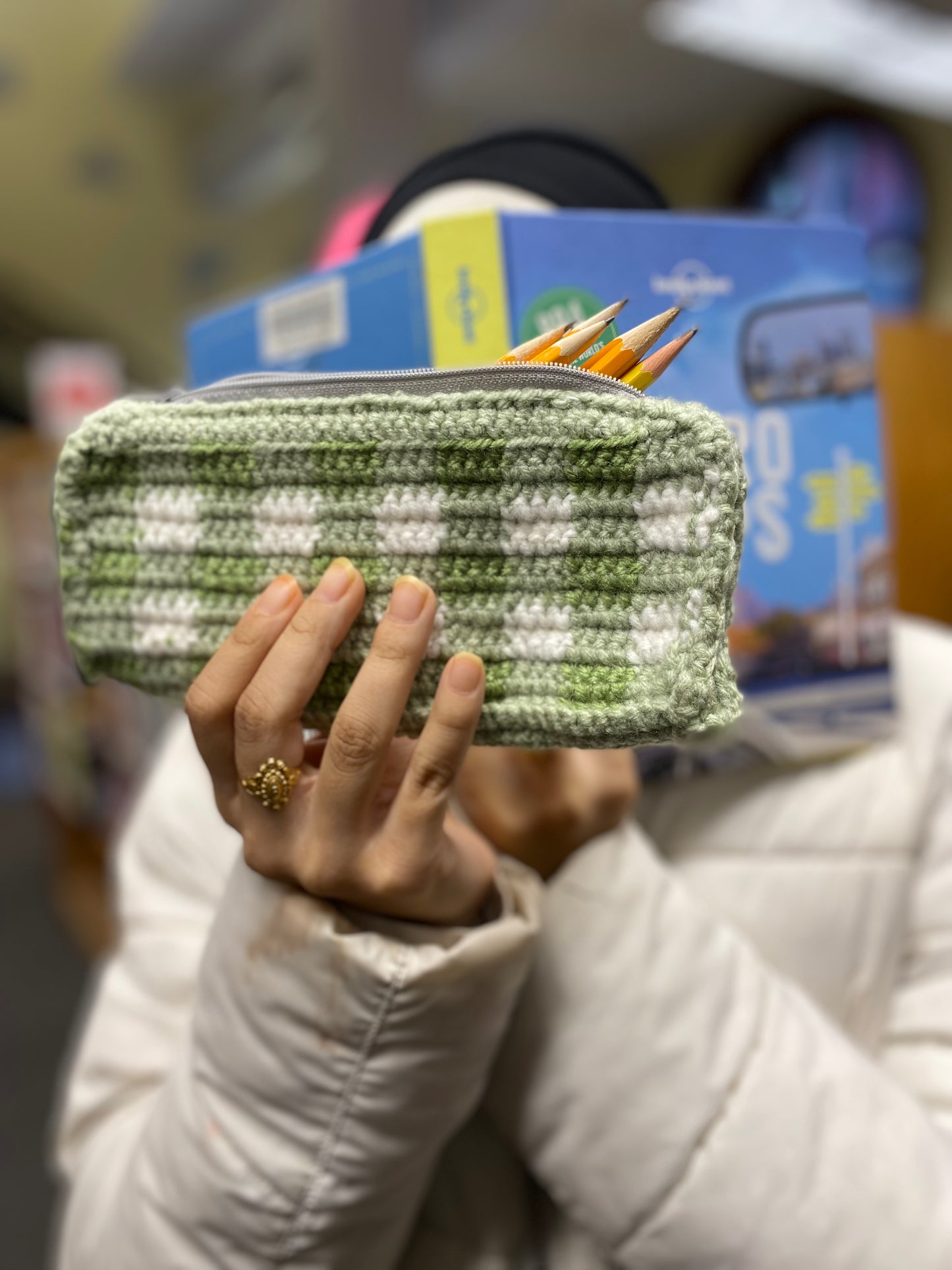 Green Gingham Crochet Pencil Case